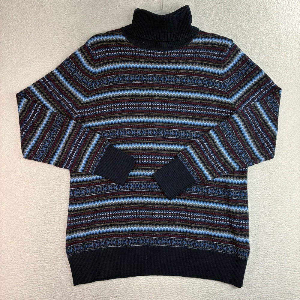 LL Bean‎ Fair Isle Turtleneck Sweater Women L Blue Cotton Cashmere Winter 503413
